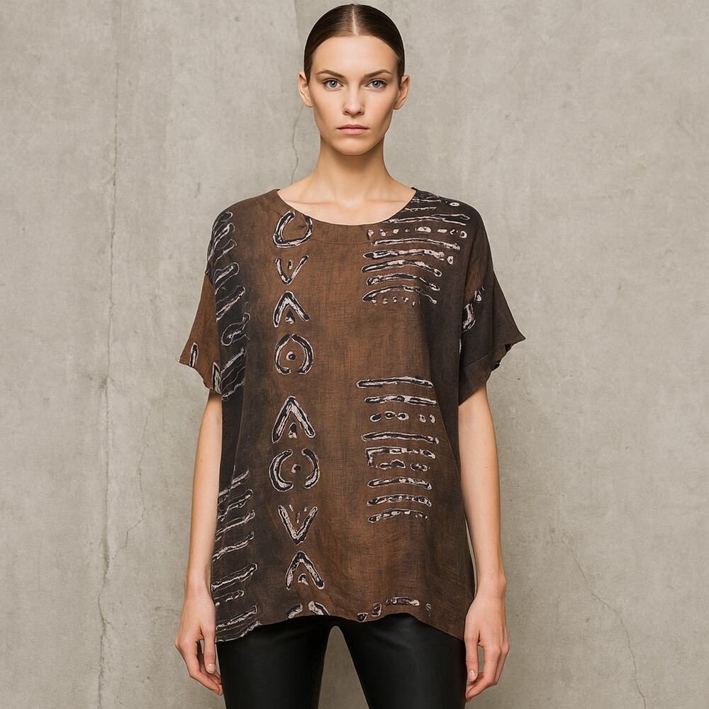 Eskandar Women's O/S Linen Brown Tribal Ethnic print Oversize boxy top